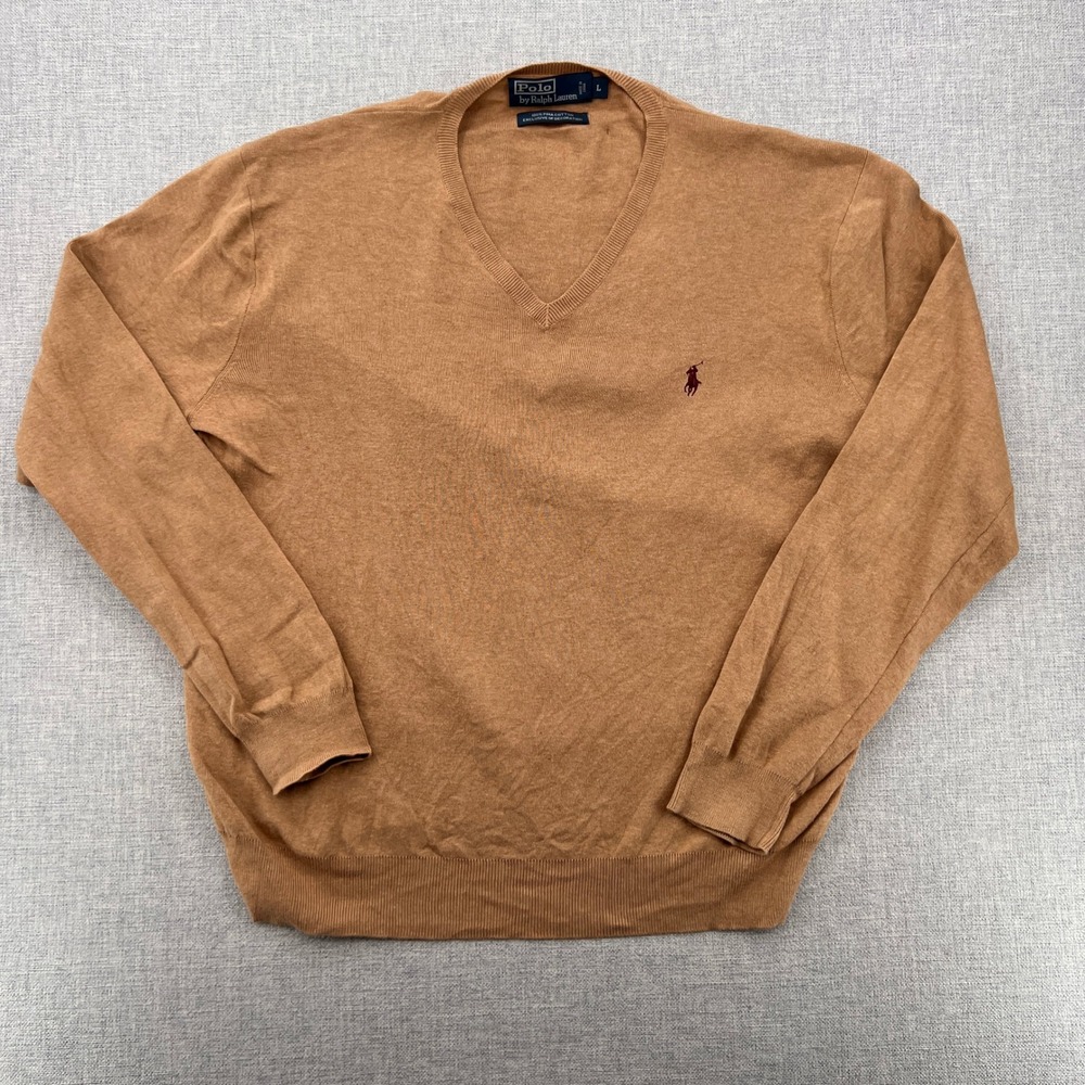 VTG Y2K Polo Ralph Lauren Pima Cotton V Neck Sweater Men L Camel Tan Preppy